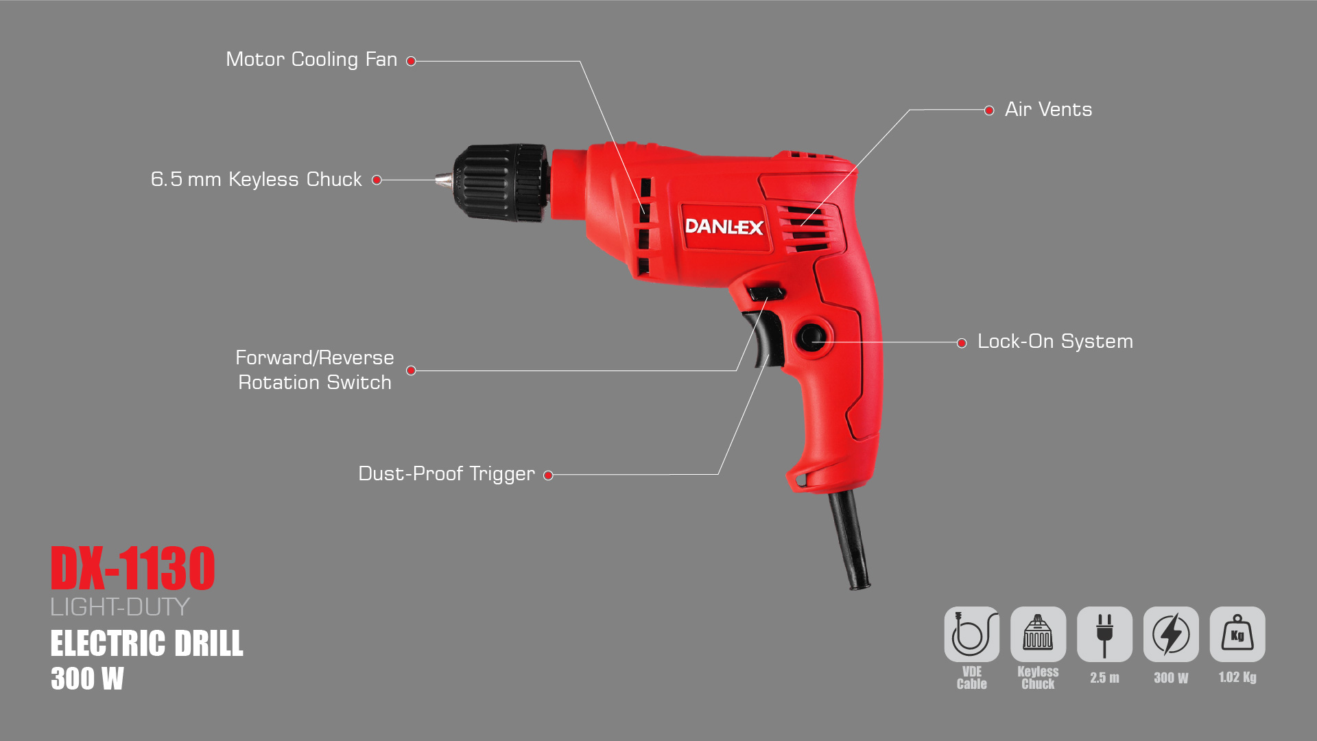 مشخصات فنی دریل برقی 300 وات دنلکس مدل DX-1130