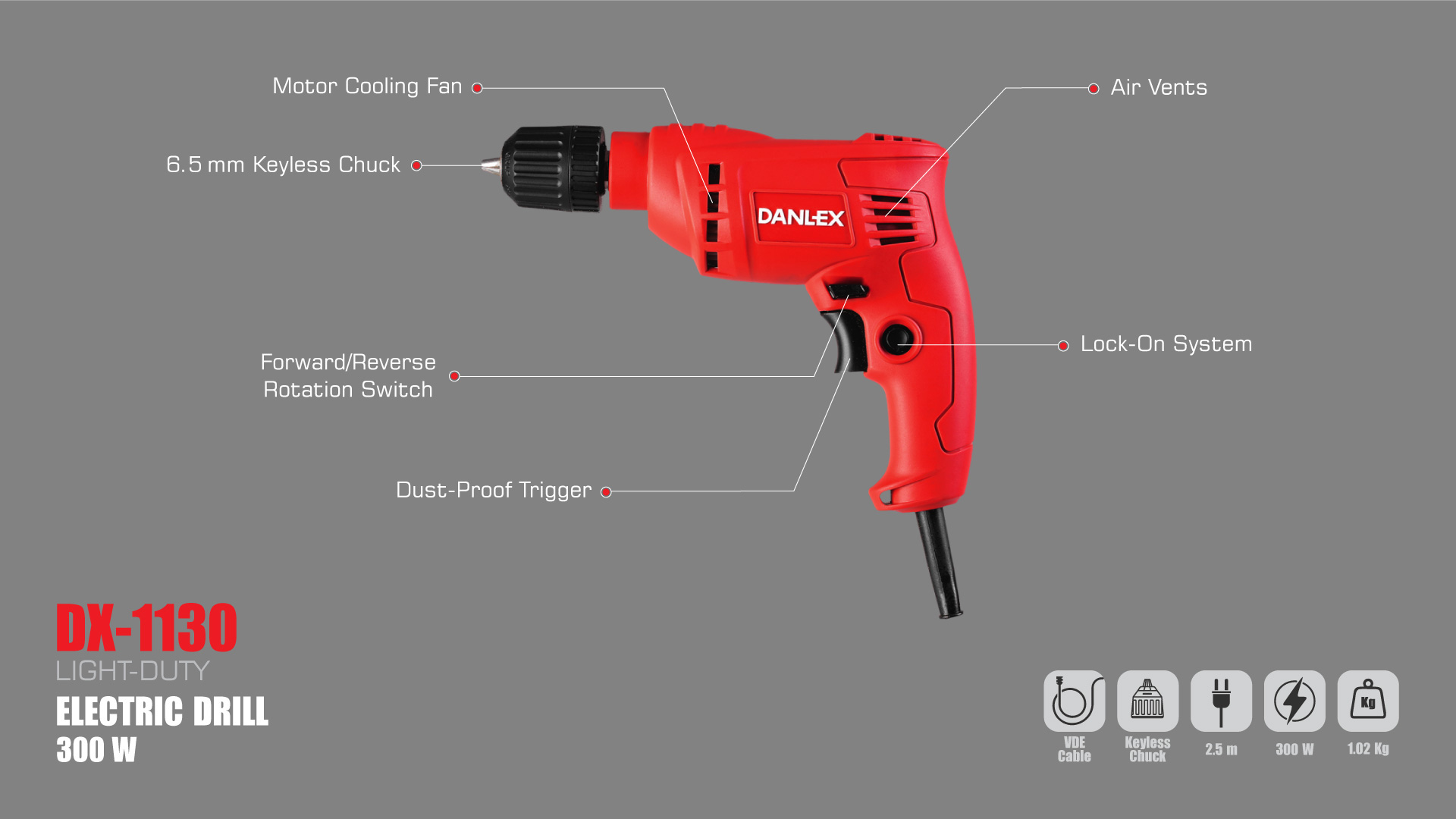 DX-1130 ELECTRIC DRILL 6.5MM 300W dx-1130-infographic